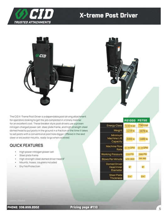 CID X-treme Post Driver attachment for skid steer or excavator with specs and features